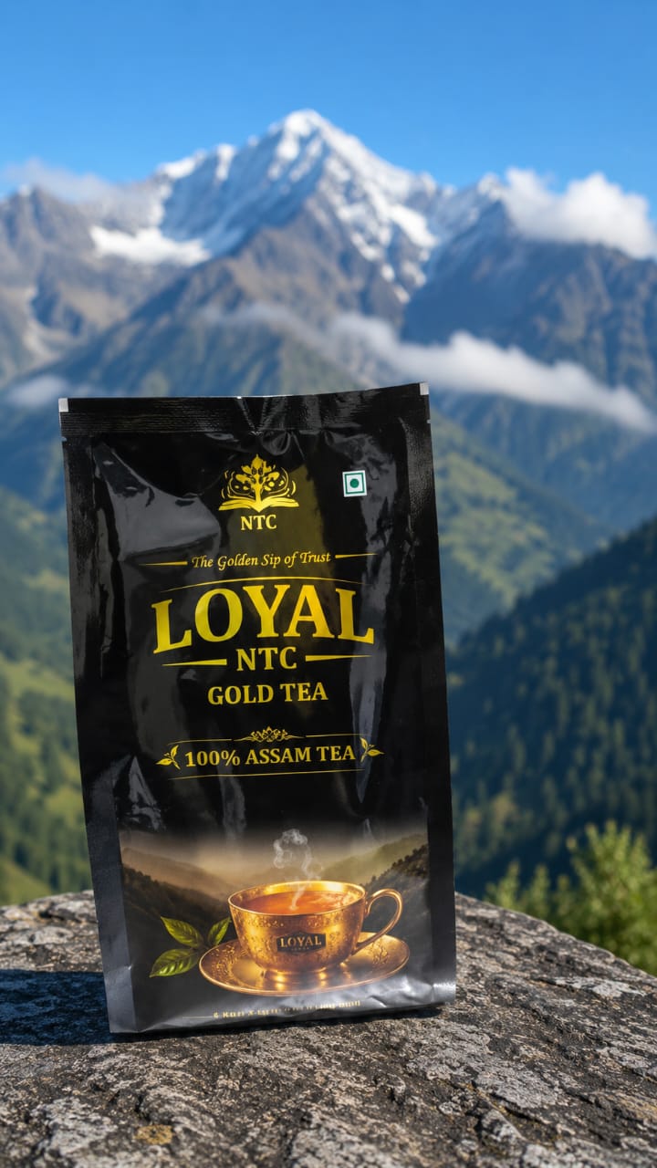 LOYAL NTC Gold Tea premium packaging against mountain backdrop