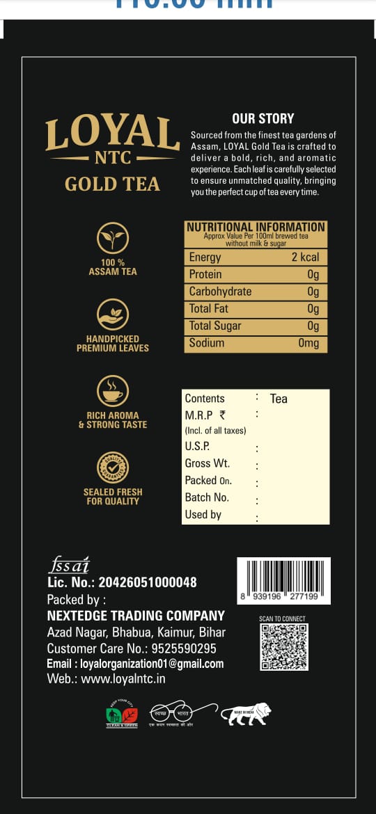 LOYAL NTC Gold Tea product label with brand story and features